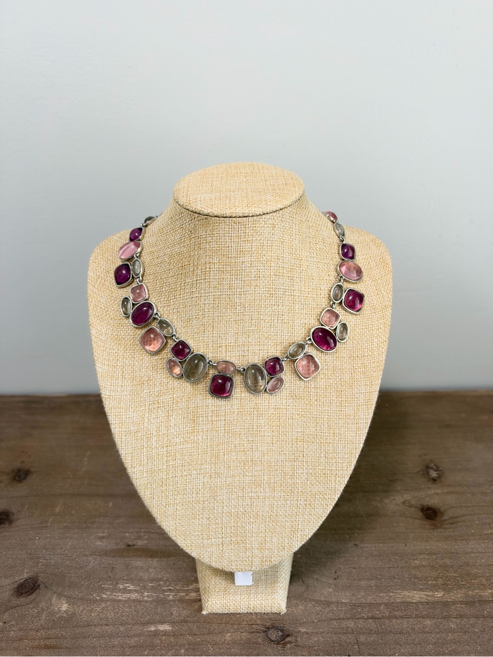 Pink Purple Smoky Gray Cabochon Silver Tone Statement Necklace